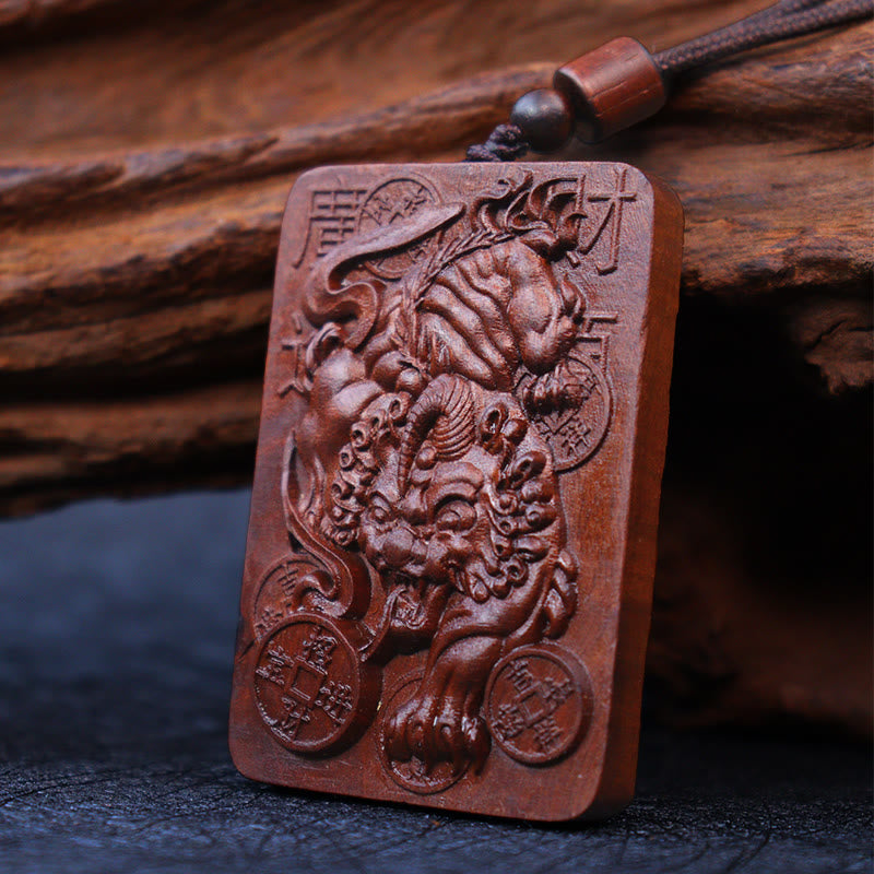 Lightning Struck Jujube Wood PiXiu – Wood PiXiu pendant with coins on raw wood base