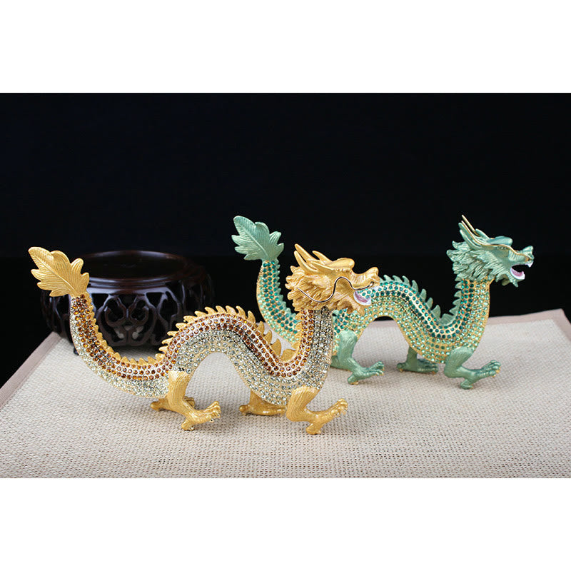 Handmade Feng Shui Dragon Decoration – Gold and green crystal dragon pair on black backdrop, luxury collectible set, Gift