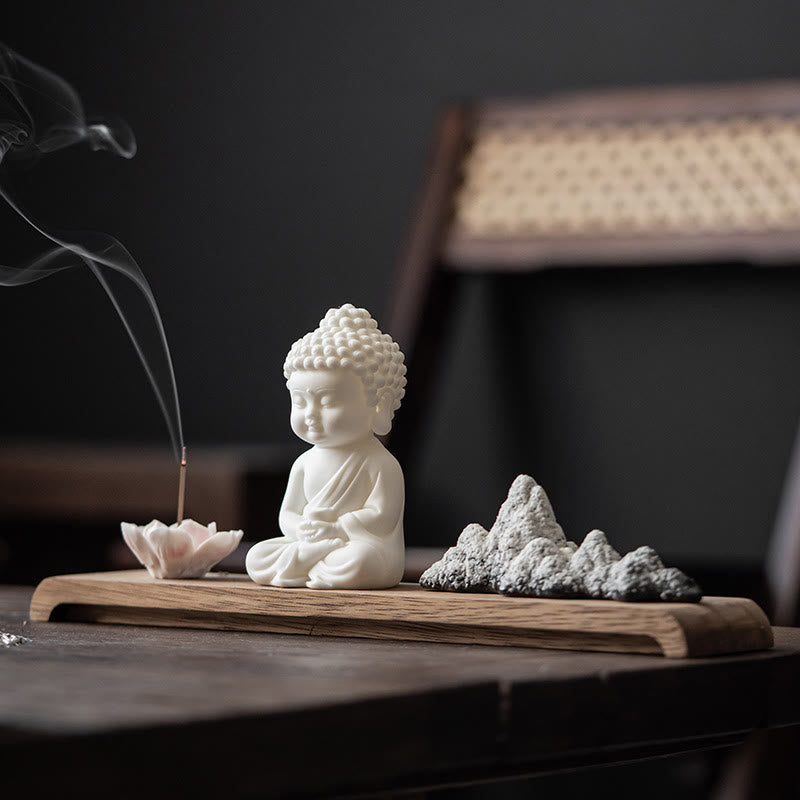 Ceramic Incense Burner – lotus Buddha design, wood base, front view