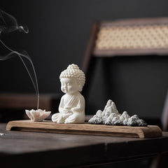 Ceramic Incense Burner – lotus Buddha design, wood base, front view