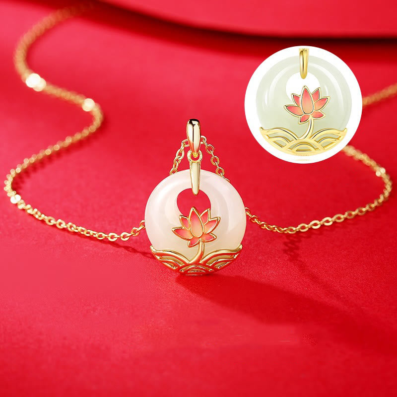 Sterling Silver Hetian White Jade Lotus Necklace – white jade disc pendant, dual-angle view, blessing