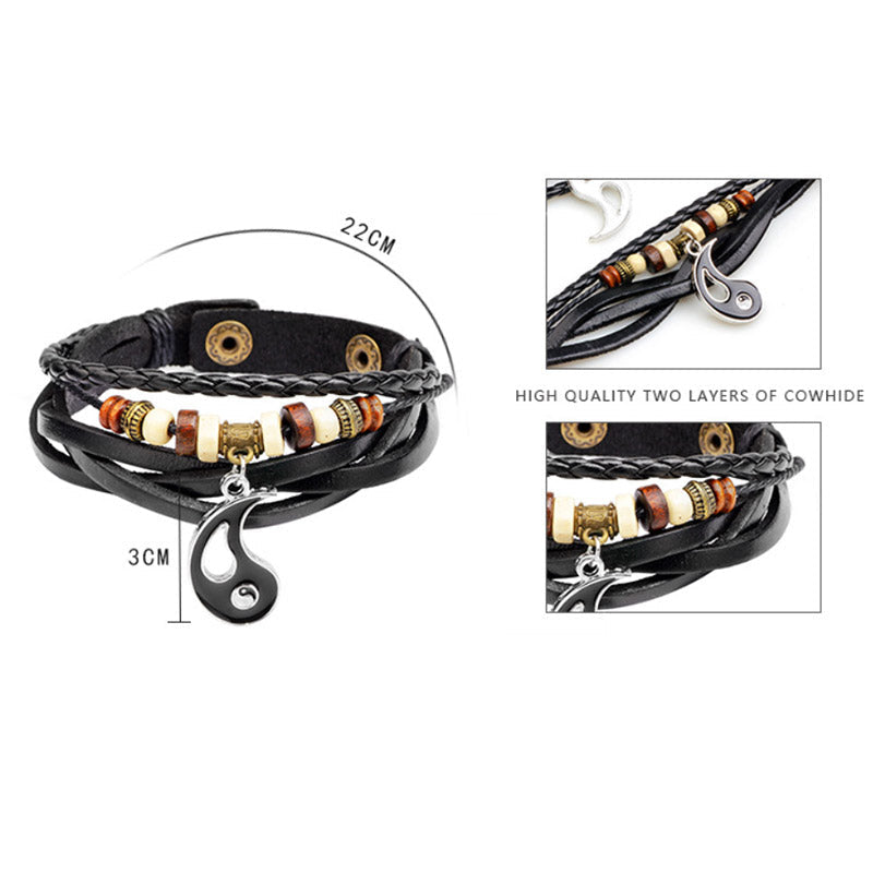 Copper Yin Yang Balance Bracelet - Multi-layer leather bracelet with measurement details, 22cm men bracelet