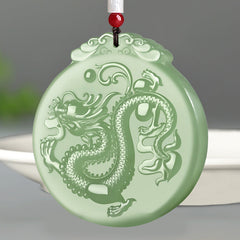 Chinese Zodiac Dragon Jade Necklace - celadon green jade dragon pendant with red bead and cloud bail, prosperity