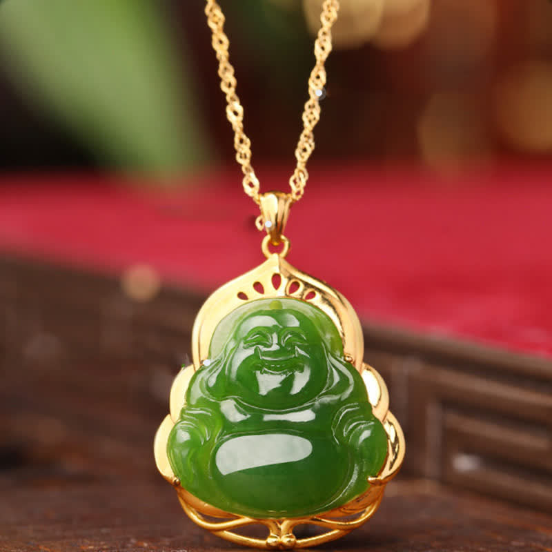 925 Silver Hetian Cyan Jade Laughing Buddha 18K Gold Necklace – cyan jade Buddha silver chain front, luxury jade jewelry