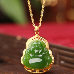 925 Silver Hetian Cyan Jade Laughing Buddha 18K Gold Necklace – cyan jade Buddha silver chain front, luxury jade jewelry