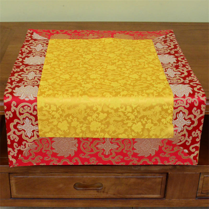 Dragon Vajra Altar Table Runner – Gold center red brocade on wooden cabinet, ceremonial