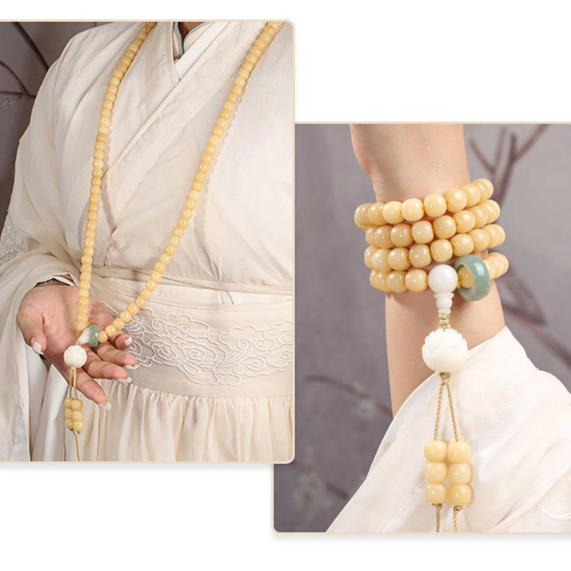 Bodhi Seed Lotus Dzi Bracelet - Worn as necklace and wrapped bracelet on wrist, dual wear style, bodhi mala