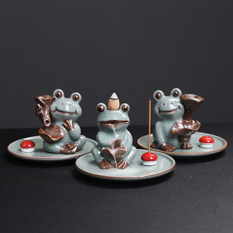Meditation Frog Ceramic Lotus Incense Burner - Three frog figurine set with lotus leaf backflow design, Zen