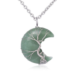 Quartz Crystal Moon Tree of Life Pendant – green aventurine crescent with silver wire tree on white, healing crystal