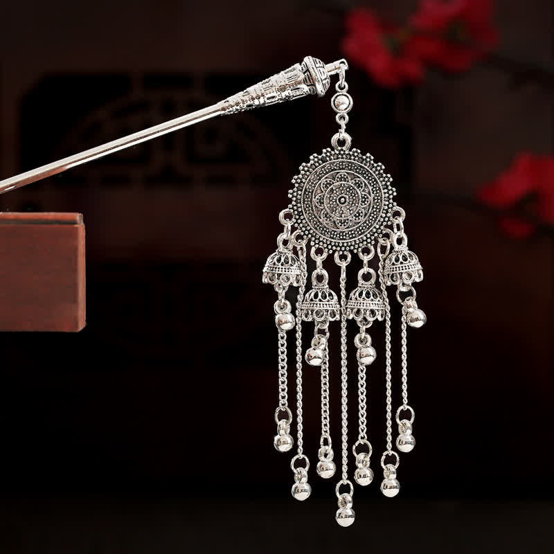 Mandala variant round filigree pendant with multiple bell tassels