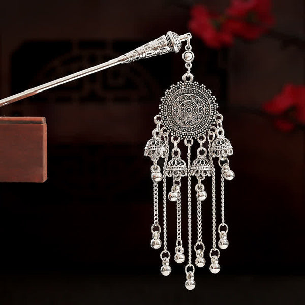 Mandala variant round filigree pendant with multiple bell tassels