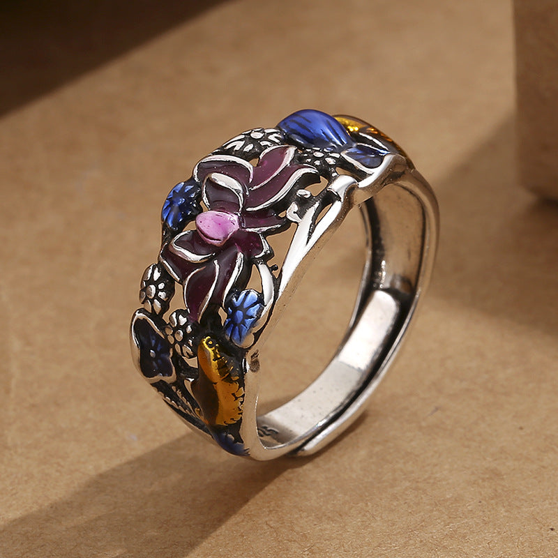Koi Fish Lotus Ring – flat lay on silk, lotus flower centerpiece, koi fish luck ring