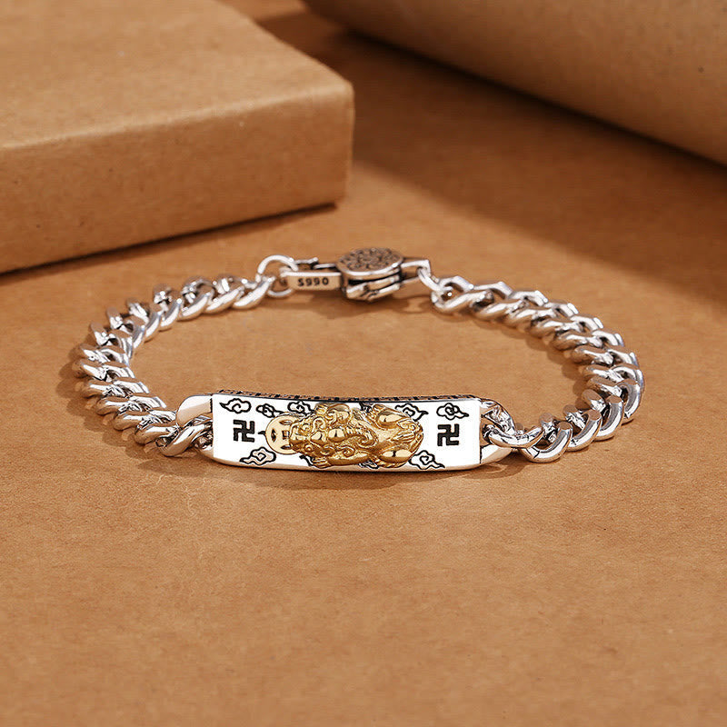 Om Mani Padme Hum PiXiu Swastika Wisdom Bracelet – silver chain with gold PiXiu plate and swastika on brown, wisdom
