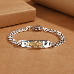 Om Mani Padme Hum PiXiu Swastika Wisdom Bracelet – silver chain with gold PiXiu plate and swastika on brown, wisdom