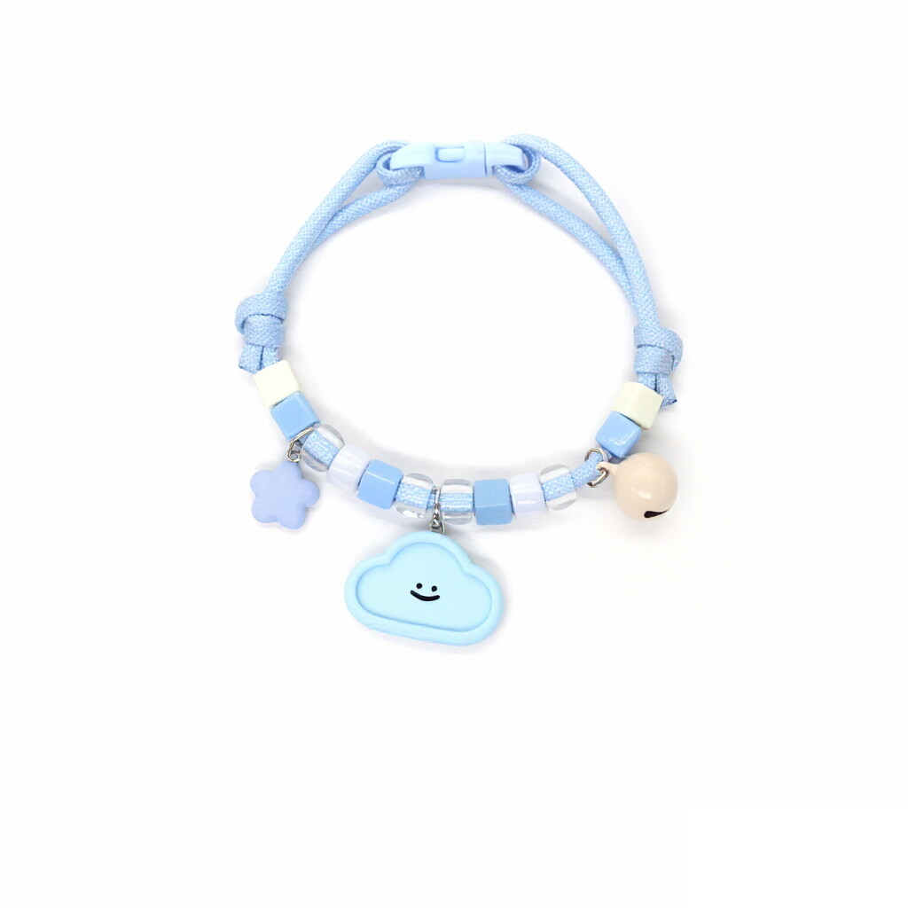 Pet Collar with Bell – Blue rope with smiley cloud, star & cream bell, pastel kawaii pet collar