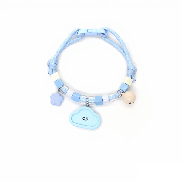 Pet Collar with Bell – Blue rope with smiley cloud, star & cream bell, pastel kawaii pet collar