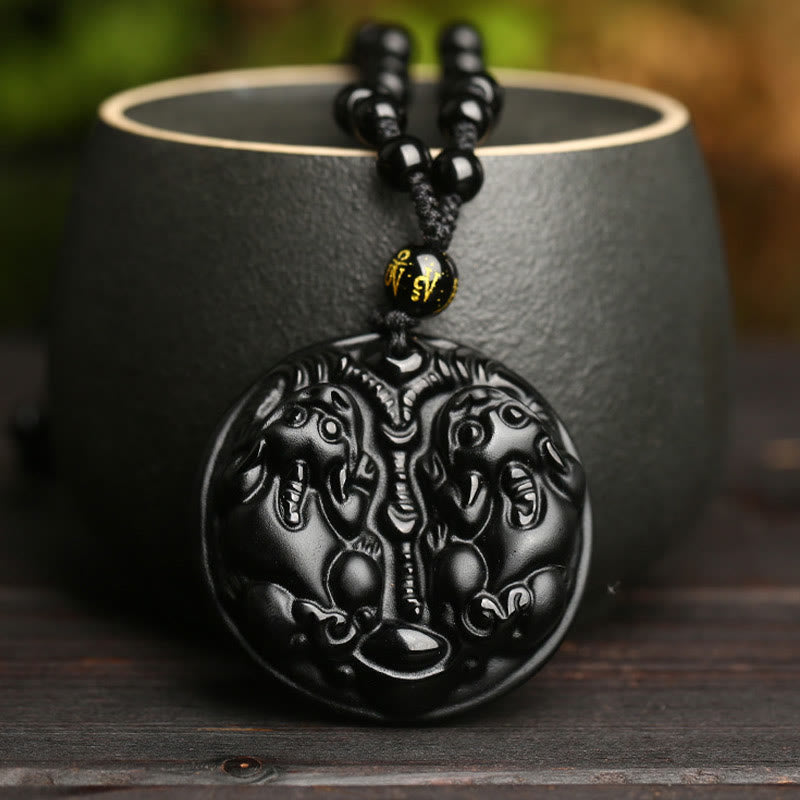Double PiXiu Necklace – Black obsidian double PiXiu pendant by black ceramic cup, spiritual cleansing jewelry