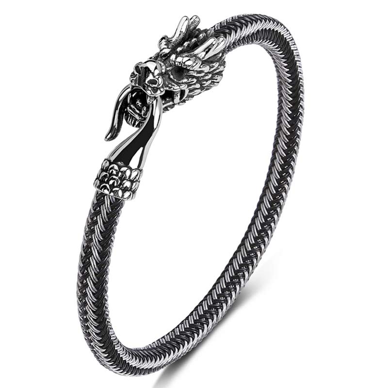 Dragon Protection Bracelet - Silver woven cable with dragon head clasp, Sleek