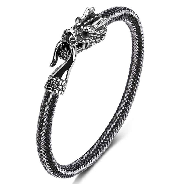 Dragon Protection Bracelet - Silver woven cable with dragon head clasp, Sleek
