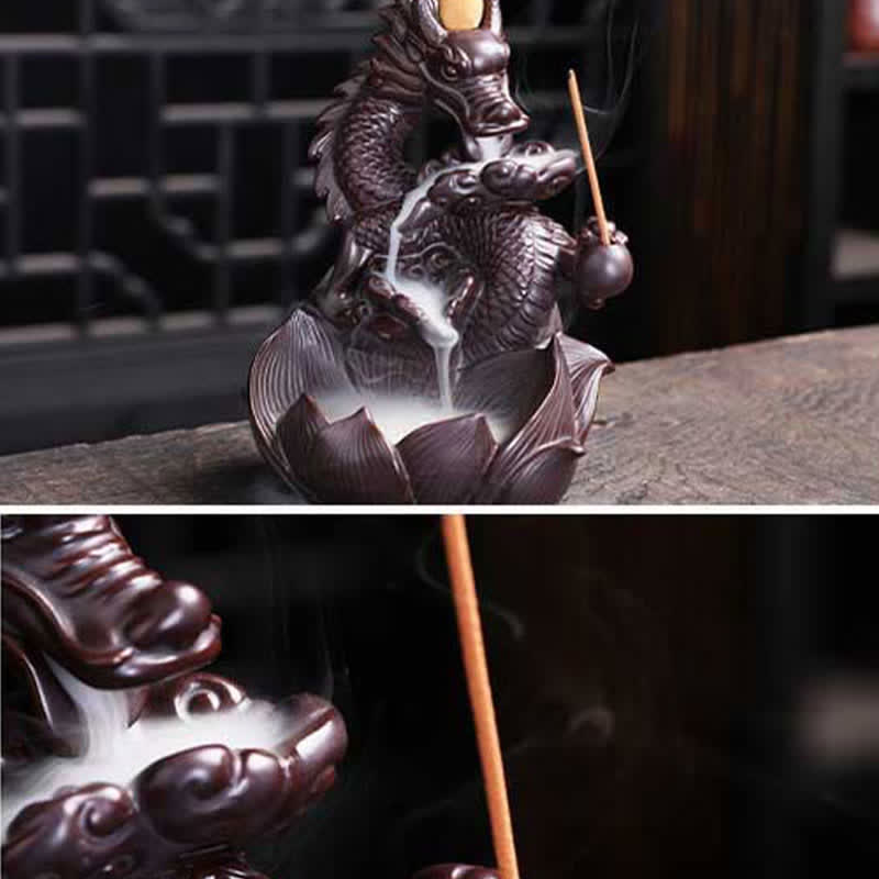 Dragon Lotus Ceramic Incense Burner – Two-panel view on weathered wood with close-up of dragon head and incense holder, Se...