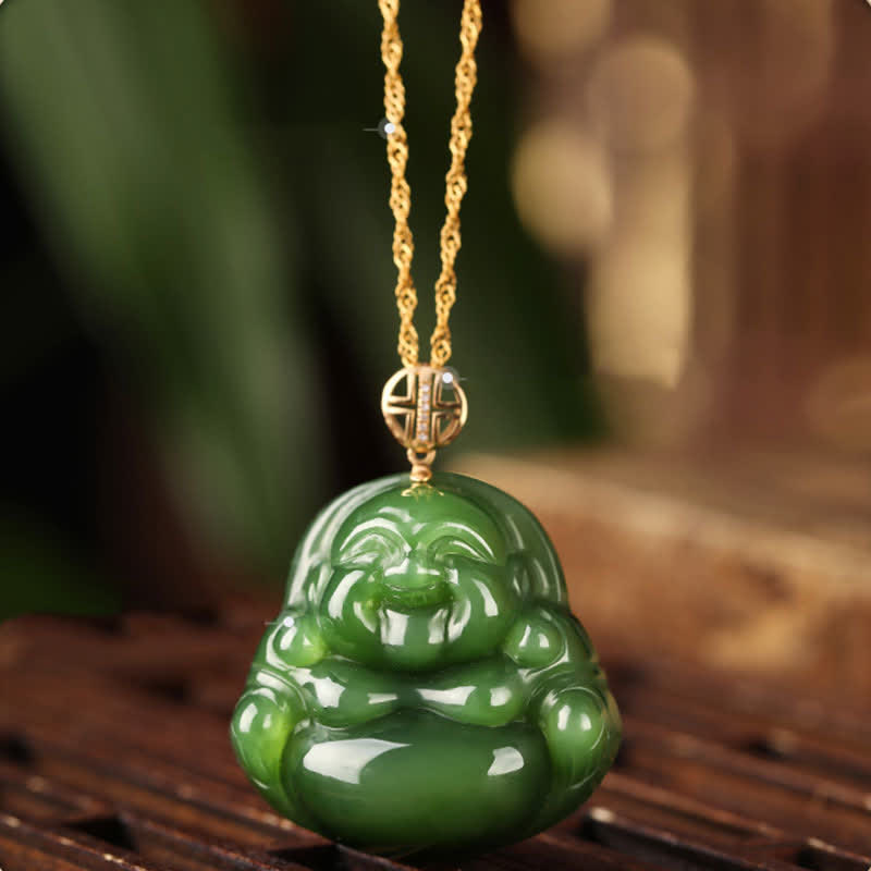 Laughing Buddha Cyan Jade Necklace – laughing buddha cyan jade pendant necklace, 925 silver 18k gold success healing