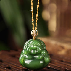 Laughing Buddha Cyan Jade Necklace – laughing buddha cyan jade pendant necklace, 925 silver 18k gold success healing