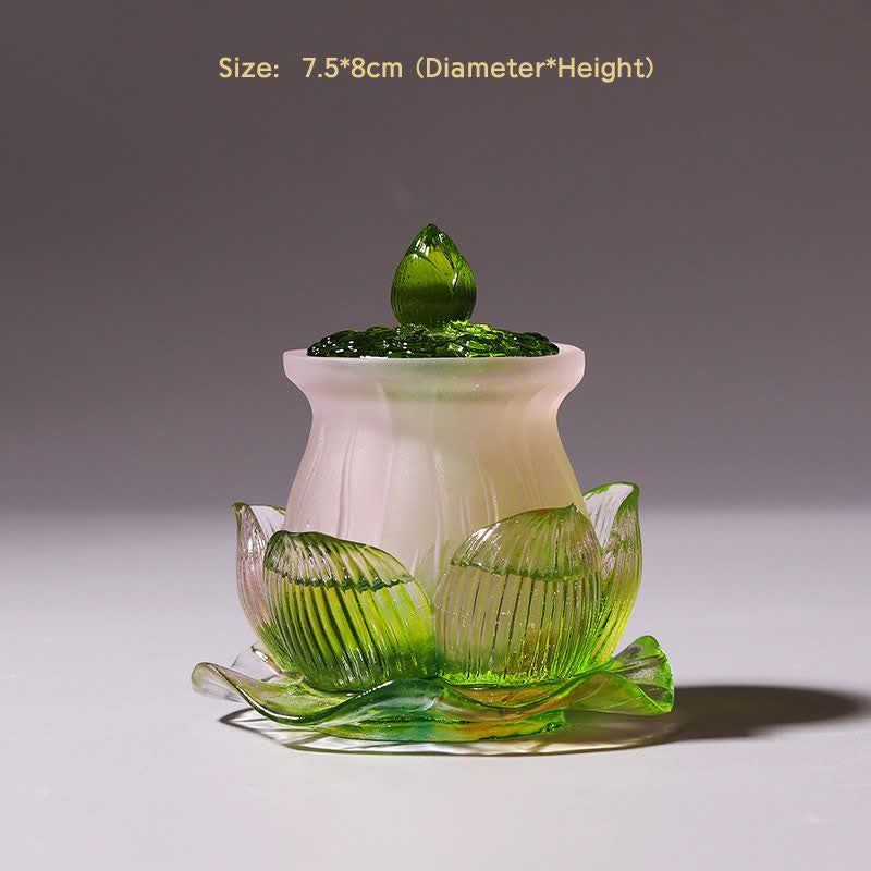 Feng Shui Lotus Liuli Crystal – green and white lotus jar with bud finial lid, artisan craft
