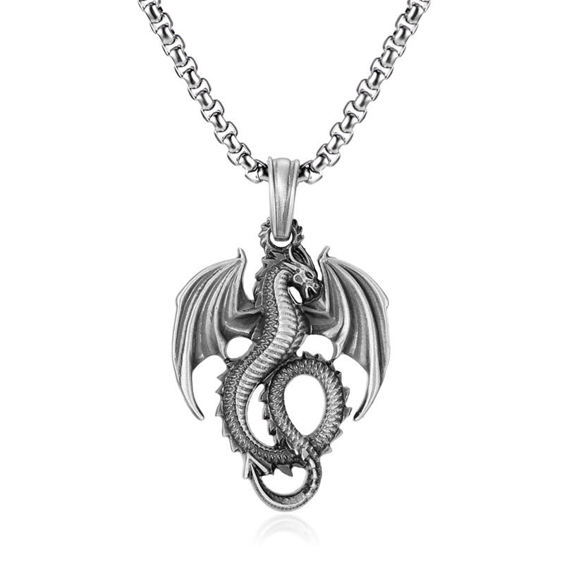 Pure Tin Dragon Necklace - Coiled winged dragon on white bg with box chain, success talisman