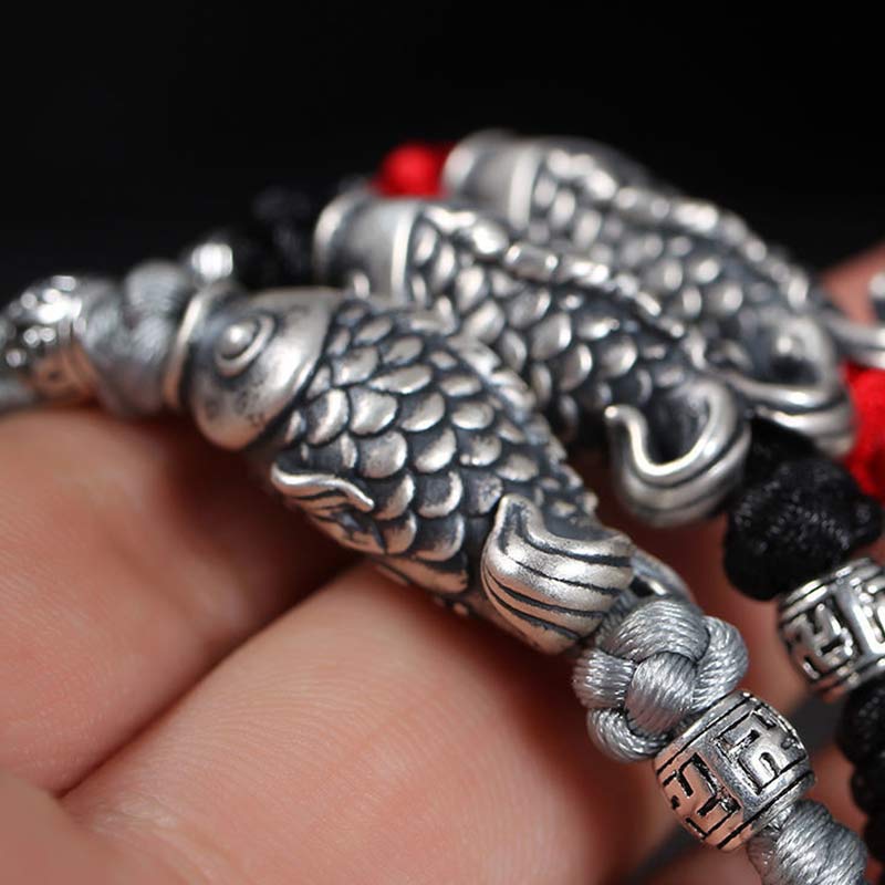 999 Silver Koi Fish Red String Bracelet – koi charm with light reflection, sterling silver luck pendant