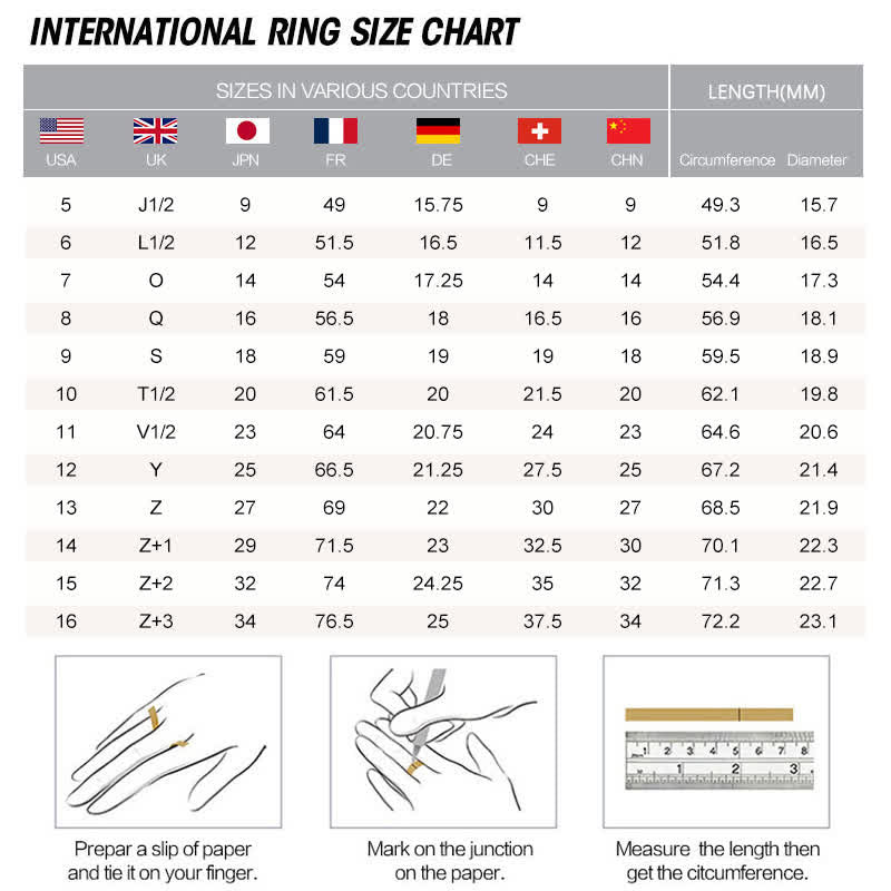 Evil Eye Bundle – Ring size chart reference guide for international sizing, measurement instructions