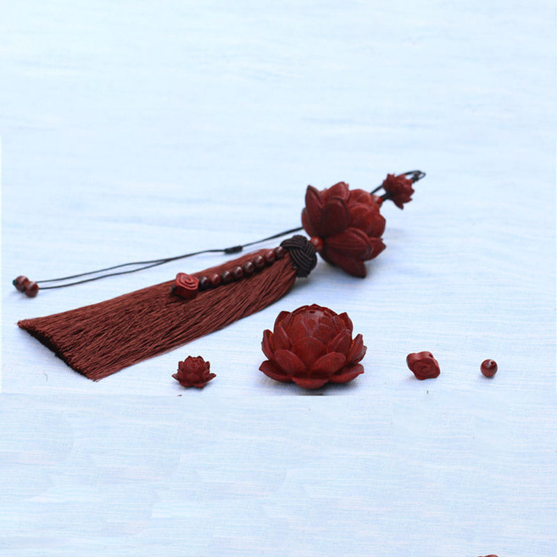Red Sandalwood Lotus Tassel - scattered lotus carvings with tassel, artisan craftsmanship