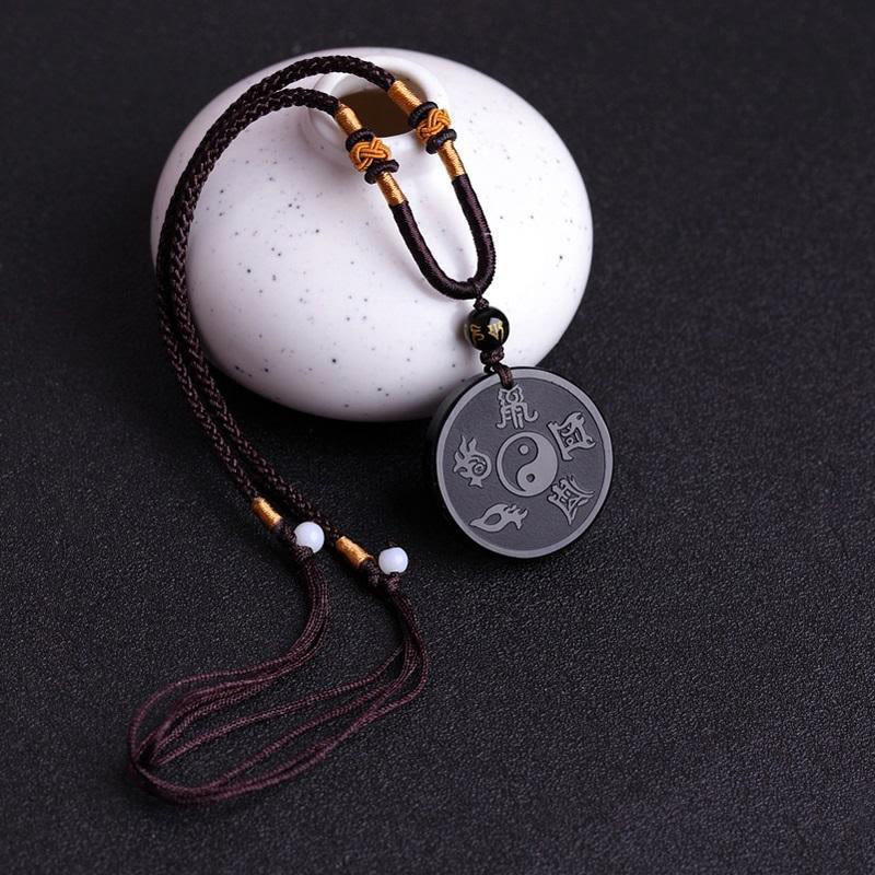 Black Obsidian Bagua Key Chain – Yin Yang pendant on ceramic vessel, Taoist protection charm