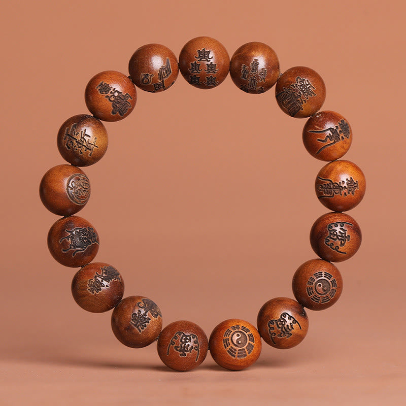 Lightning Struck Jujube Wood Taoist Scripture Bracelet - Sixteen bead wood bracelet with Taoist iconography, handcrafted wood jewelry