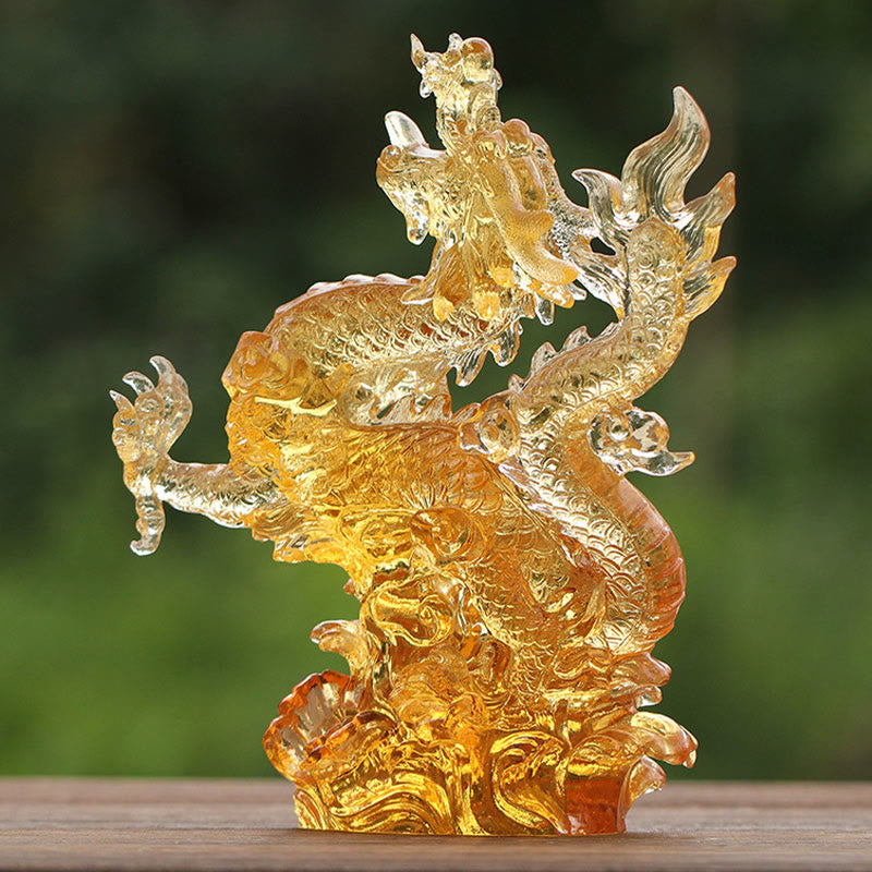Chinese Zodiac Yellow Dragon Liuli Art Piece - three-quarter view translucent amber dragon with scaled body, feng shui
