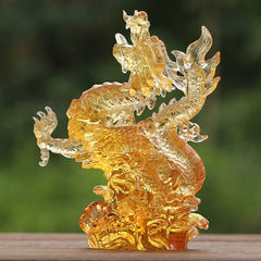 Chinese Zodiac Yellow Dragon Liuli Art Piece - three-quarter view translucent amber dragon with scaled body, feng shui