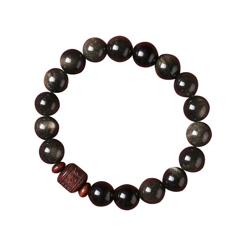 Gold Sheen & Rainbow Obsidian Fu Bracelet – white background hero shot, obsidian bead bracelet