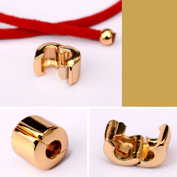 Gold-Plated PiXiu Red String Bracelet – gold adjustable clasp bead detail in three views, bracelet hardware