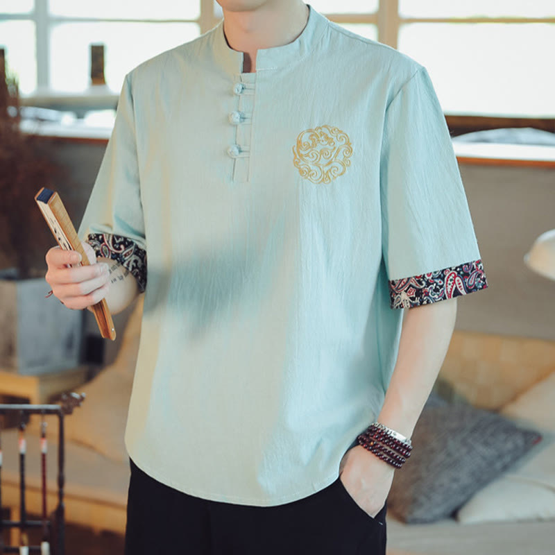 Dragon Embroidery Frog-Button Linen Tang Suit Shirt - Model in mint green with gold embroidery, stylish