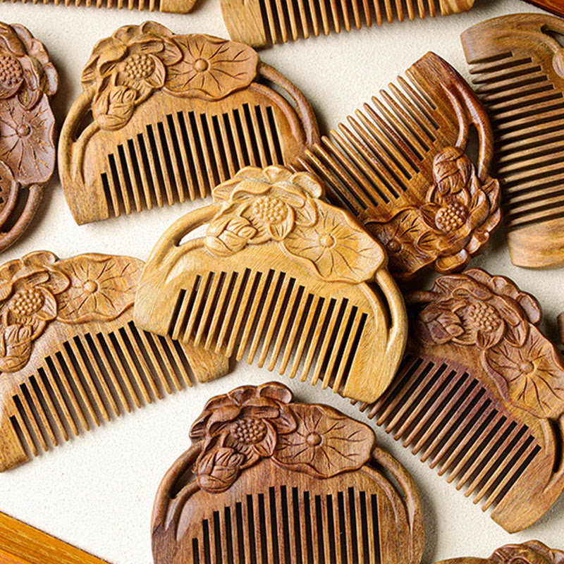 Green Sandalwood Lotus Leaf Engraved Soothing Comb, image 10
