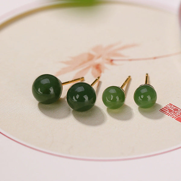 925 Silver Cyan Jade Healing Stud Earrings – forest green and apple green jade bead duo on porcelain with floral art, minimalist stud design