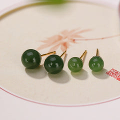 925 Silver Cyan Jade Healing Stud Earrings – forest green and apple green jade bead duo on porcelain with floral art, minimalist stud design