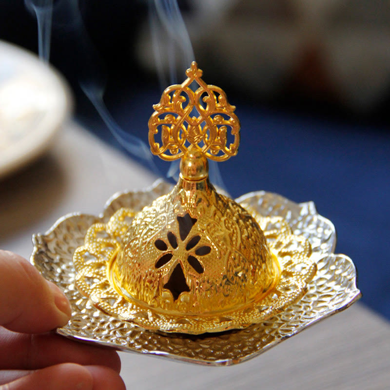 Gold Leaf Coaster Incense Burner handheld with two-tone gold and silver base, active smoke, alloy incense holder