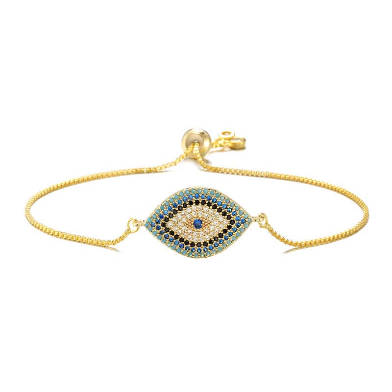 Evil Eye Healing Bracelet – Gold box chain evil eye bracelet with slider clasp on white, adjustable fit