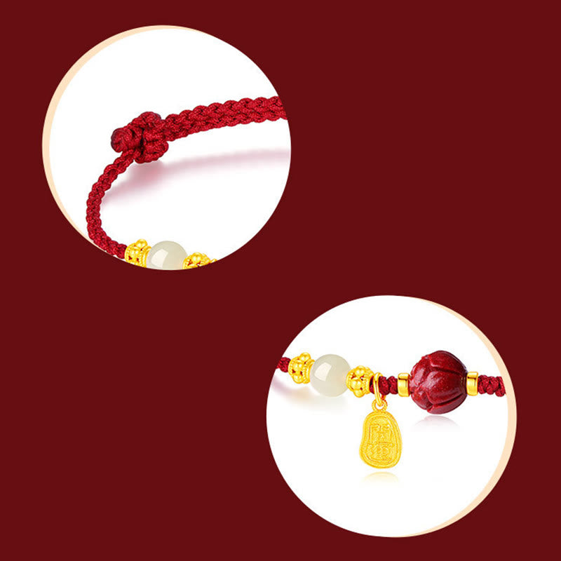 24K Gold Jade Cinnabar Lotus Bracelet – Close-up detail shots showing knot closure and jade beads with gold lotus spacers in circular frames on burgundy