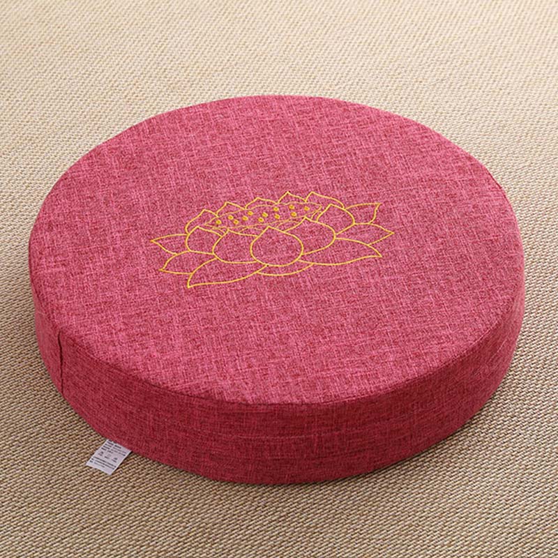 Rose Meditation Cushion - Gold lotus embroidery on cranberry linen zafu, warm pink tones