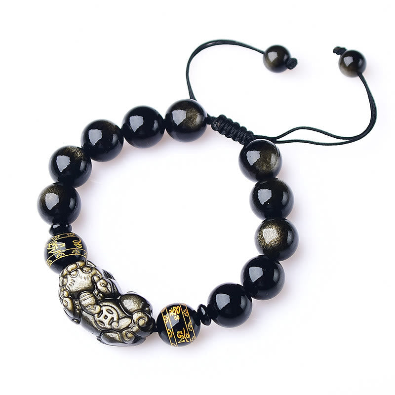 Gold Sheen Obsidian PiXiu Bracelet – Isolated on white background with adjustable black cord