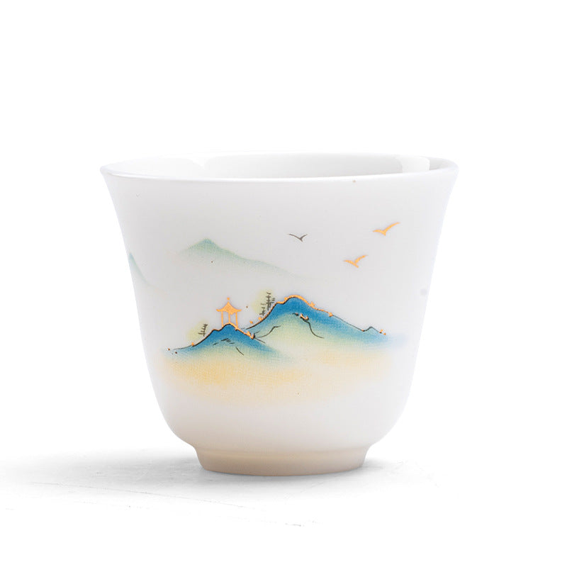 Ceramic Kung Fu Tea Cup – mountain landscape with deer silhouette on ridge, blue gradient peaks, tranquil wildlife