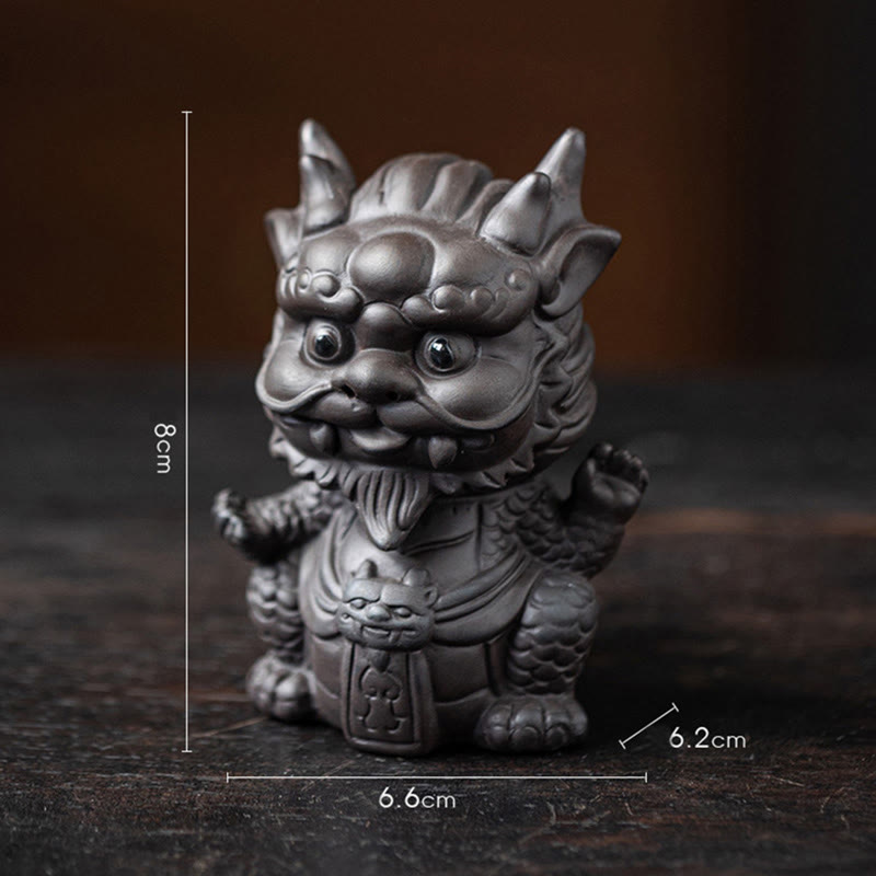 Luck Dragon Tea Pet - charcoal guardian lion figurine, 8cm tall, dark clay protection