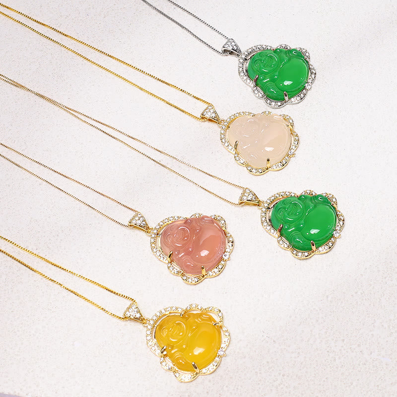 Jade Laughing Buddha Luck Necklace – five laughing Buddha pendants flatlay green white pink yellow, collection display
