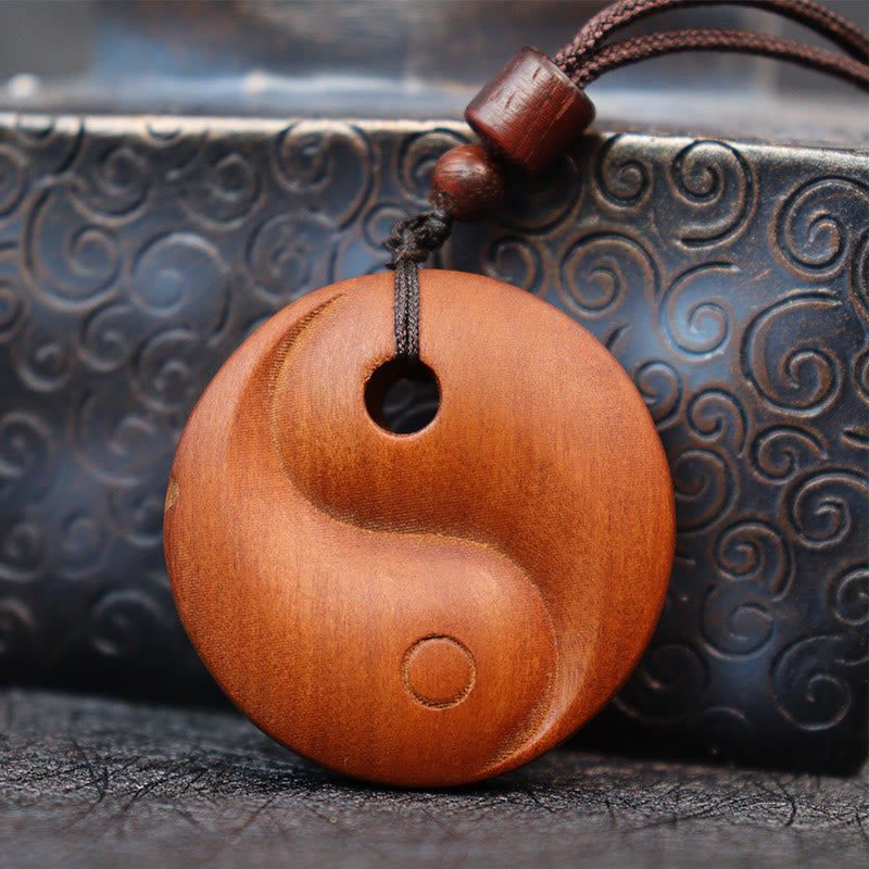 Lightning Struck Jujube Wood Yin Yang Luck Protection Necklace Pendant - Wood yin-yang near bronze scroll decor, artisan neck